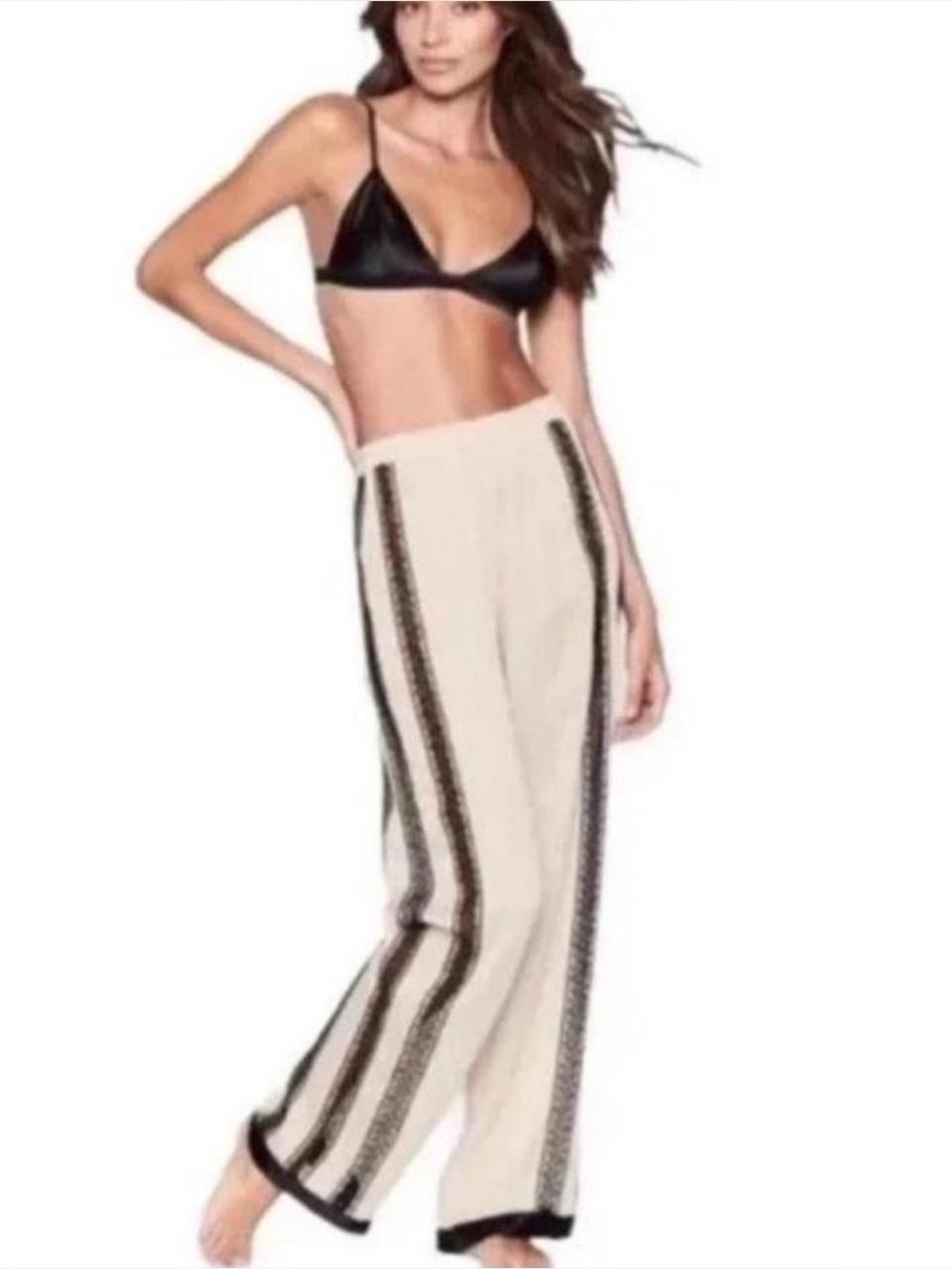 Victoria's Secret Satin Cream Black Lace Side Trim Wide Leg Pajama Pants Large
